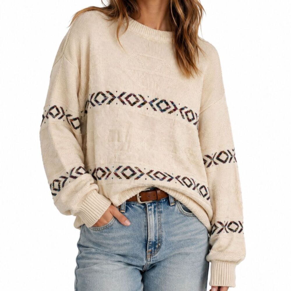 Vintage 80s Sweater Graphix Cream Geometric Knit Grandpa Sweater Made in Korea